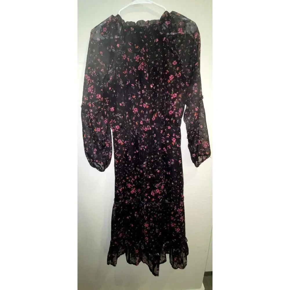AQUA Womens Black Floral Sheer Tiered Midi Dress Size Small